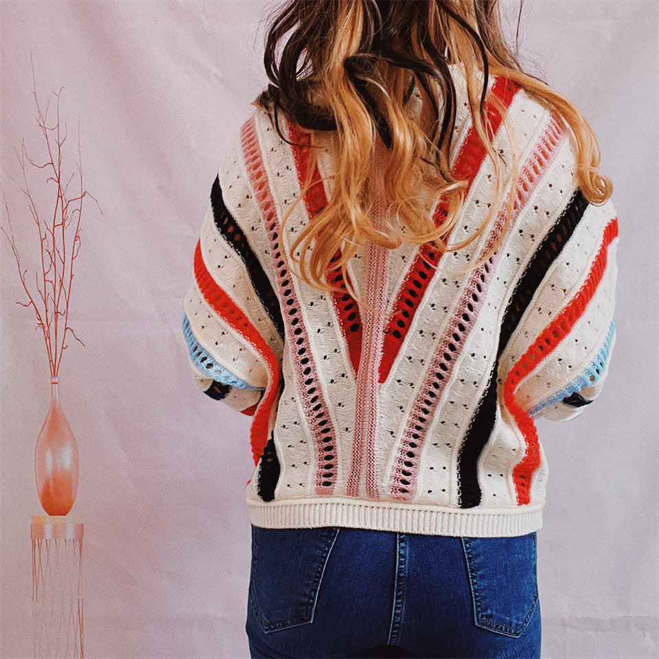 Striped Openwork Round Neck Sweater Secondary image