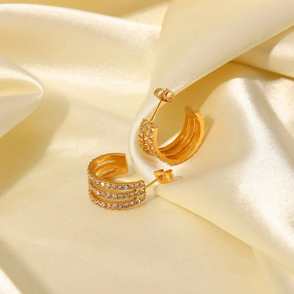 Stainless Steel Inlaid Zircon C-Hoop Earrings Secondary image
