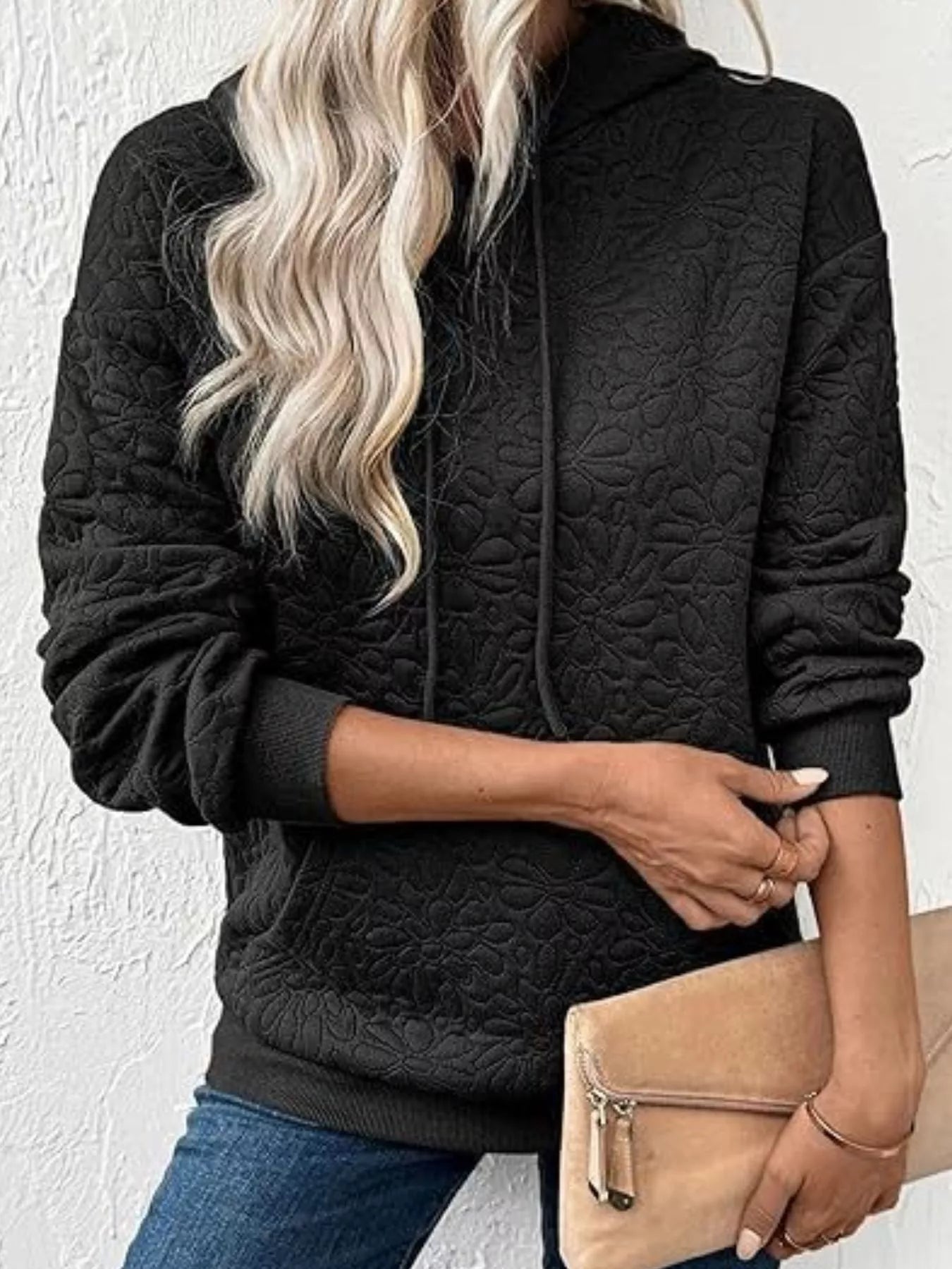 Textured Floral Quilted Hoodie Secondary image