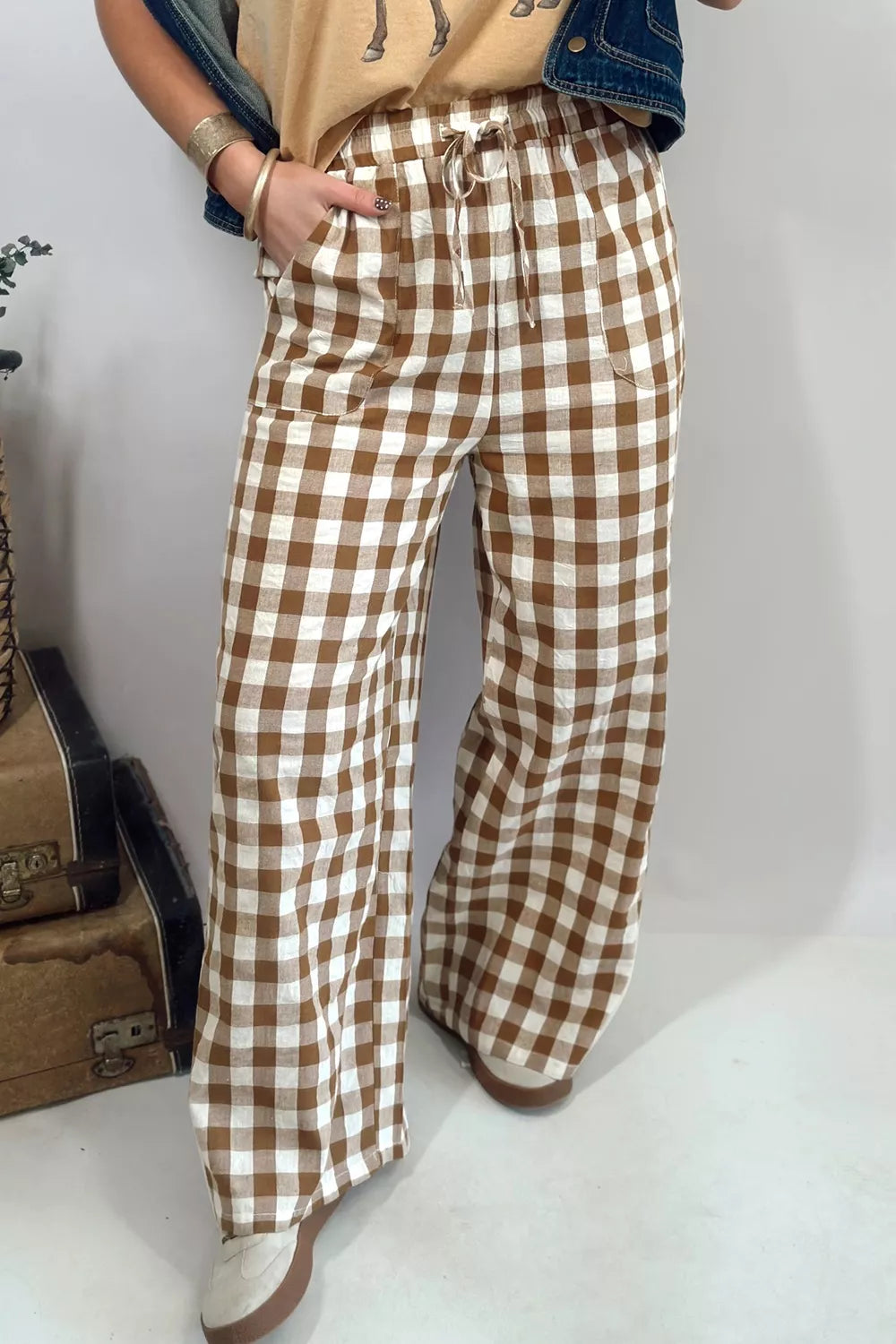 Gingham Plaid Tie Elastic Waist Shift Pants Secondary image
