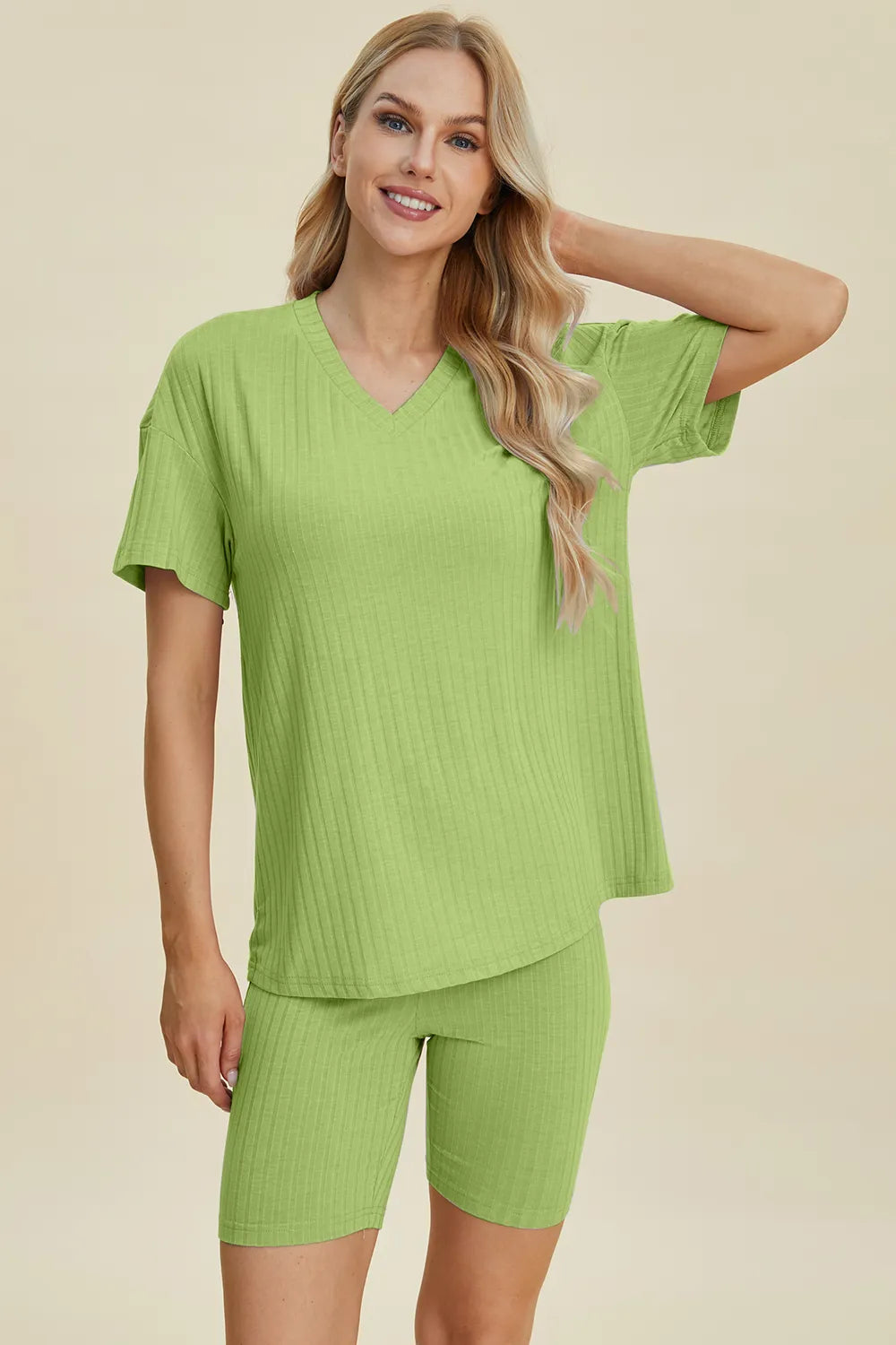 Basic Bae Full Size Ribbed V-Neck Short Sleeve Top and Shorts Set Secondary image