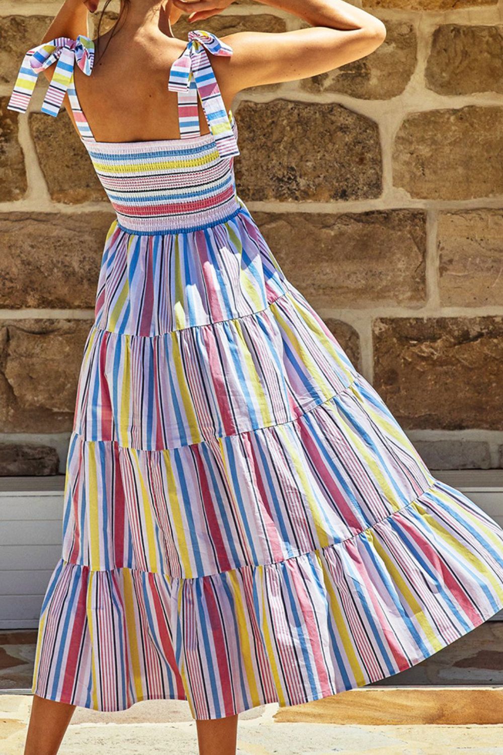 Striped Tie-Shoulder Smocked Tiered Dress Secondary image