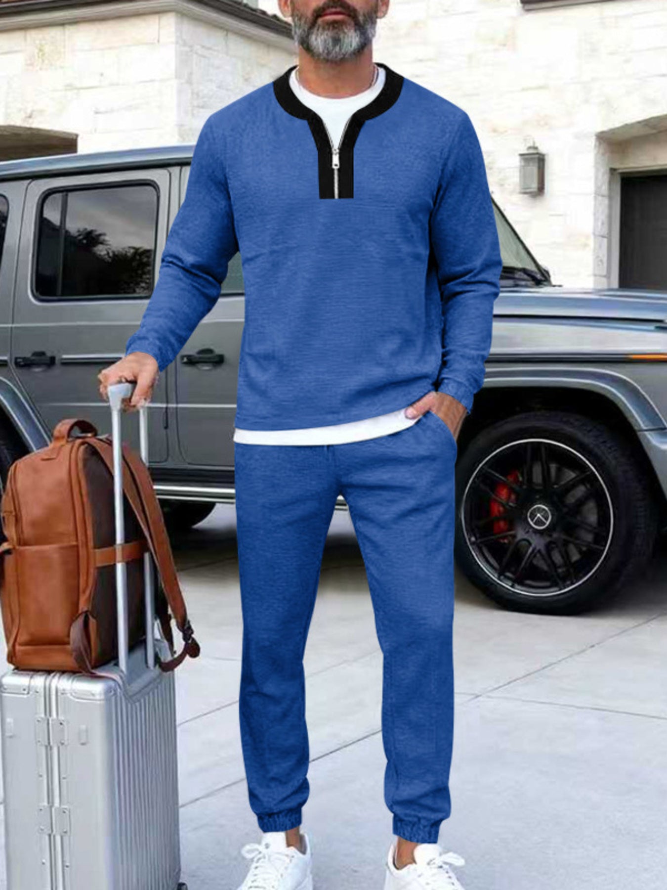 Men's Plus Size Casual Zipper Neck Long Sleeve Top and Pants Set Secondary image