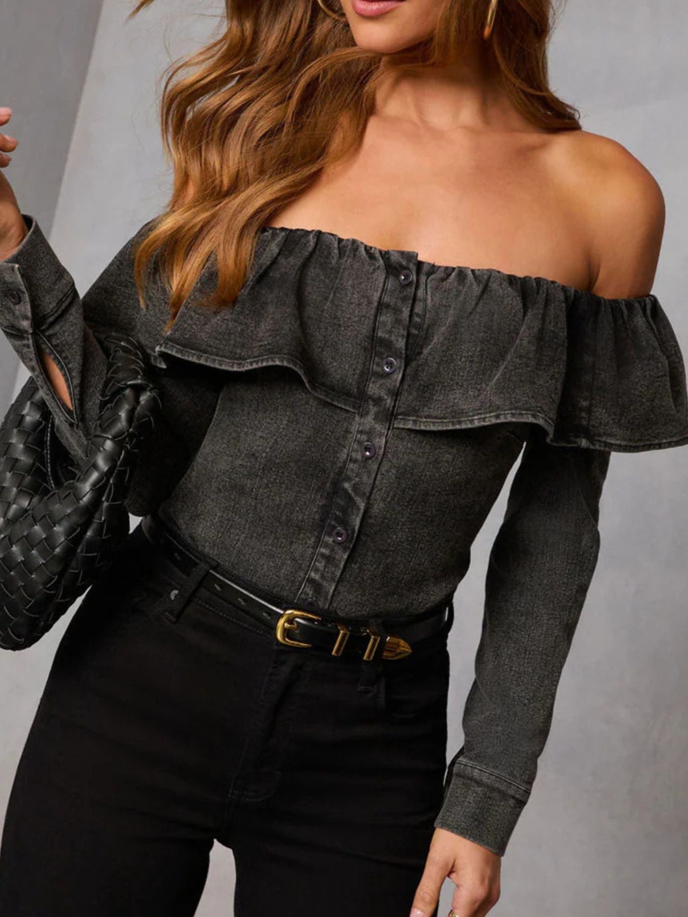 Off-Shoulder Ruffled Denim Top Secondary image