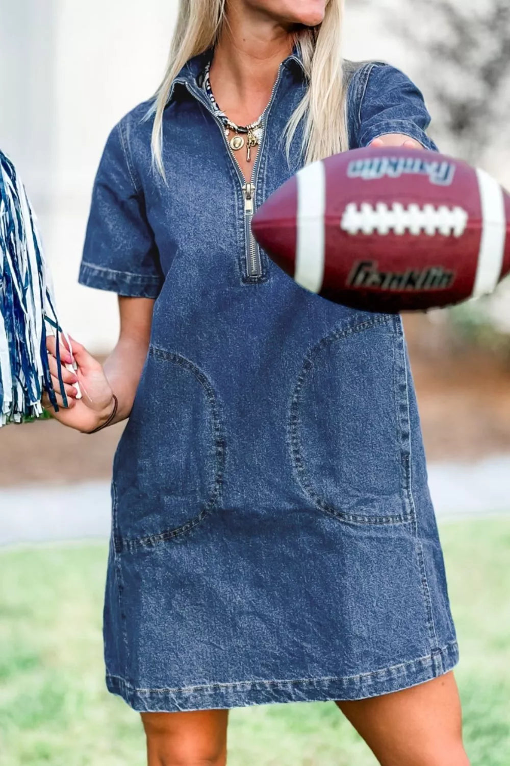 Zip Up Collared Short Sleeve Shift Mini Denim Dress Secondary image