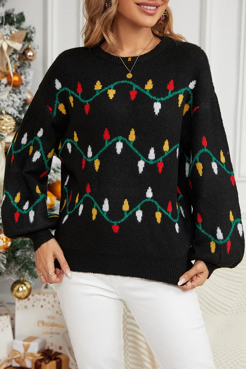 Round Neck Pattern Lantern Sleeve Sweater Secondary image