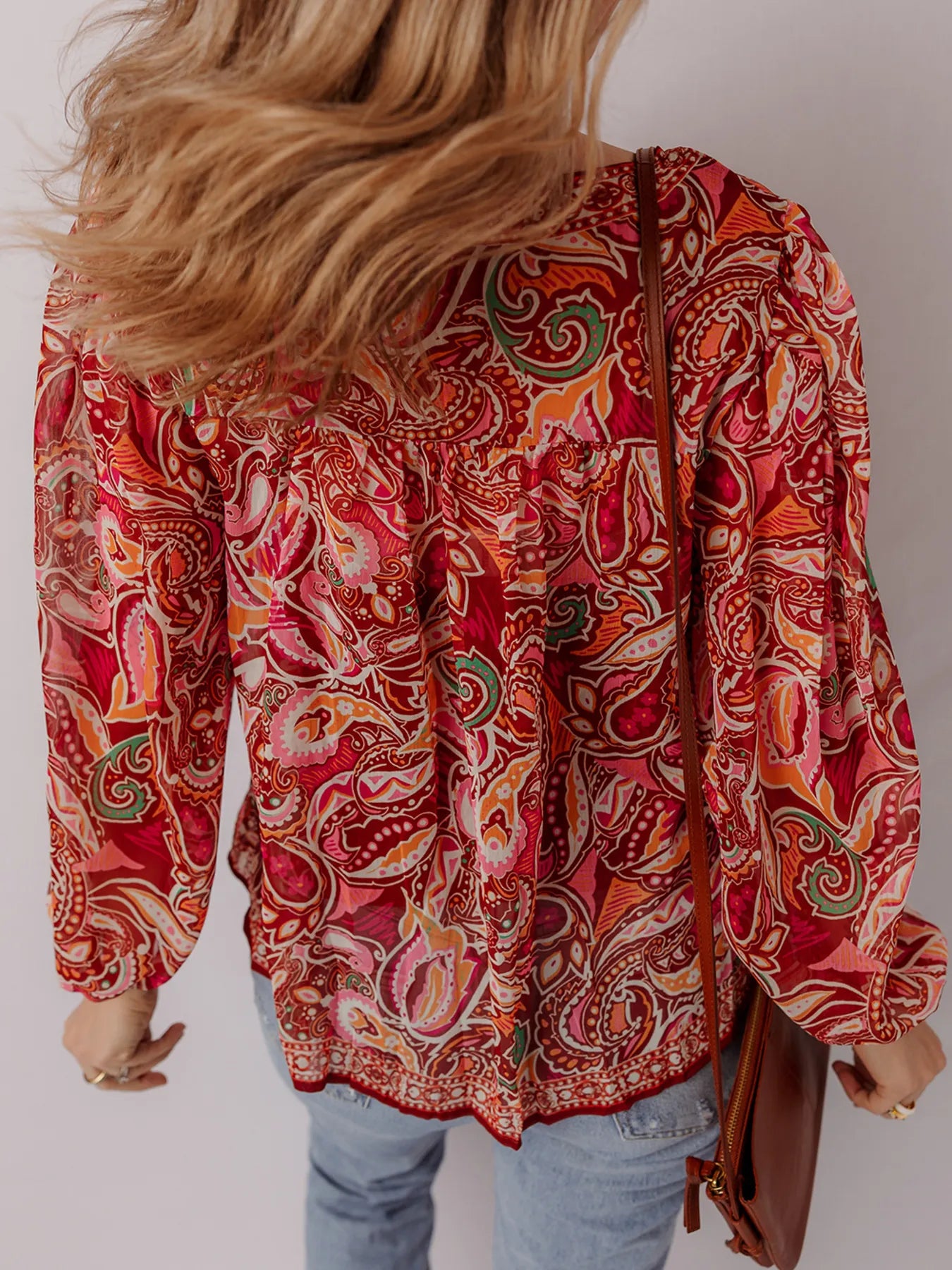 Multicolour Ethnic Paisley Print Tassel Tie Puff Sleeve Boho Blouse Secondary image