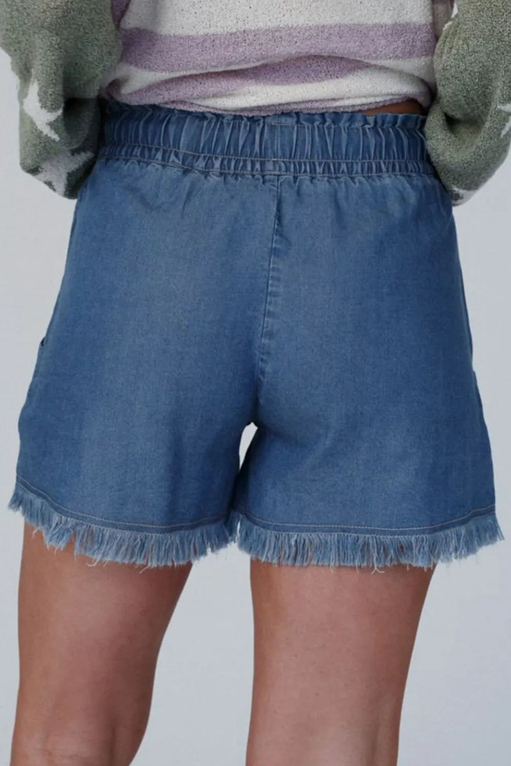 Raw Hem Drawstring High Waist Denim Shorts with Pockets Secondary image