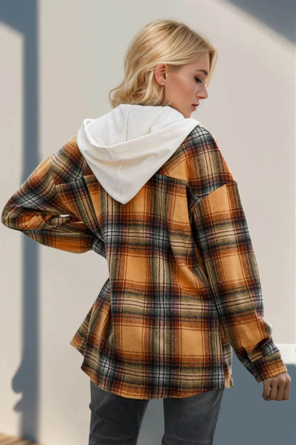 Double Take Drawstring Plaid Long Sleeve Hooded Shacket Secondary image