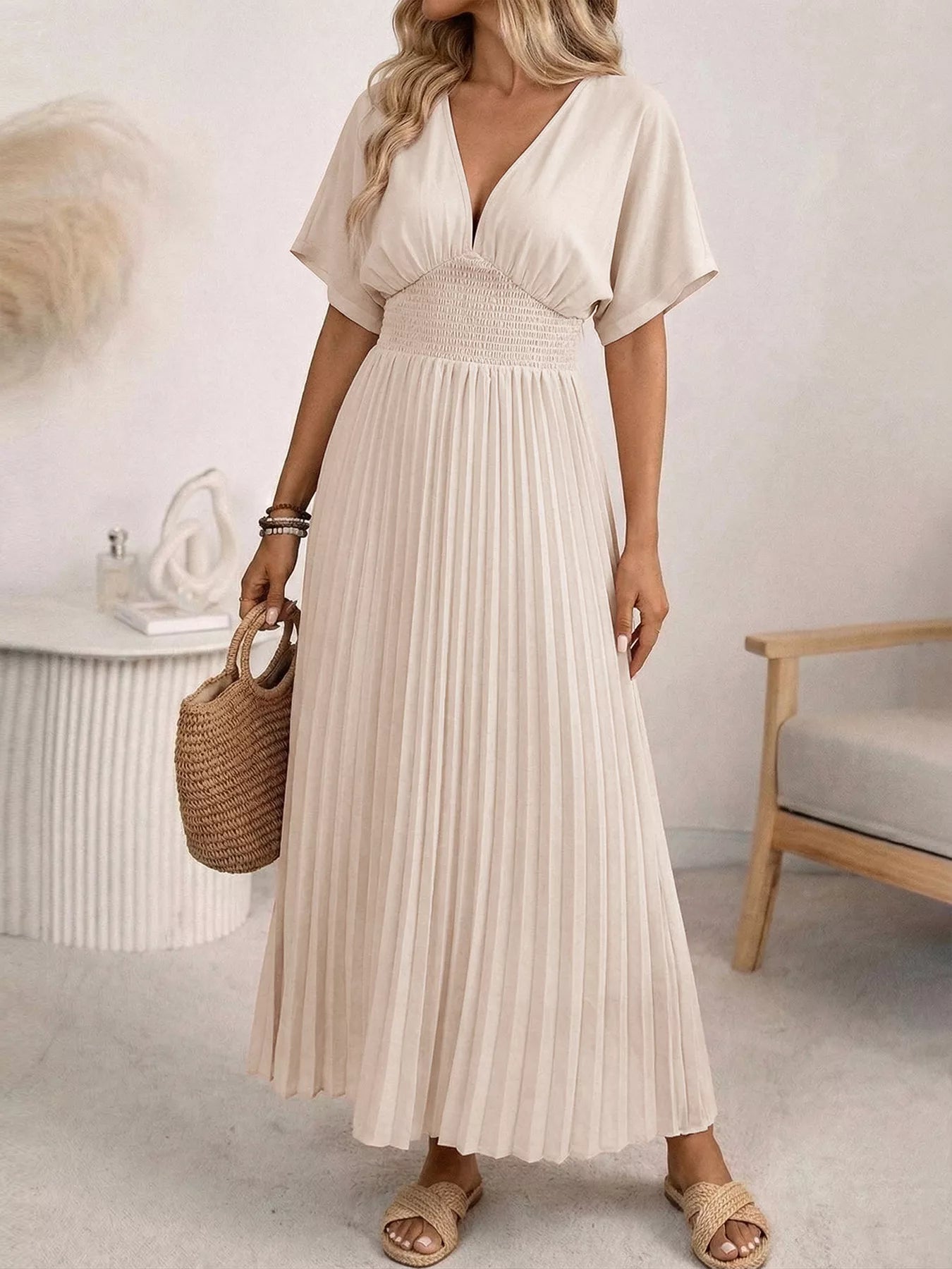 Pleated V-Neck Midi Dress Secondary image