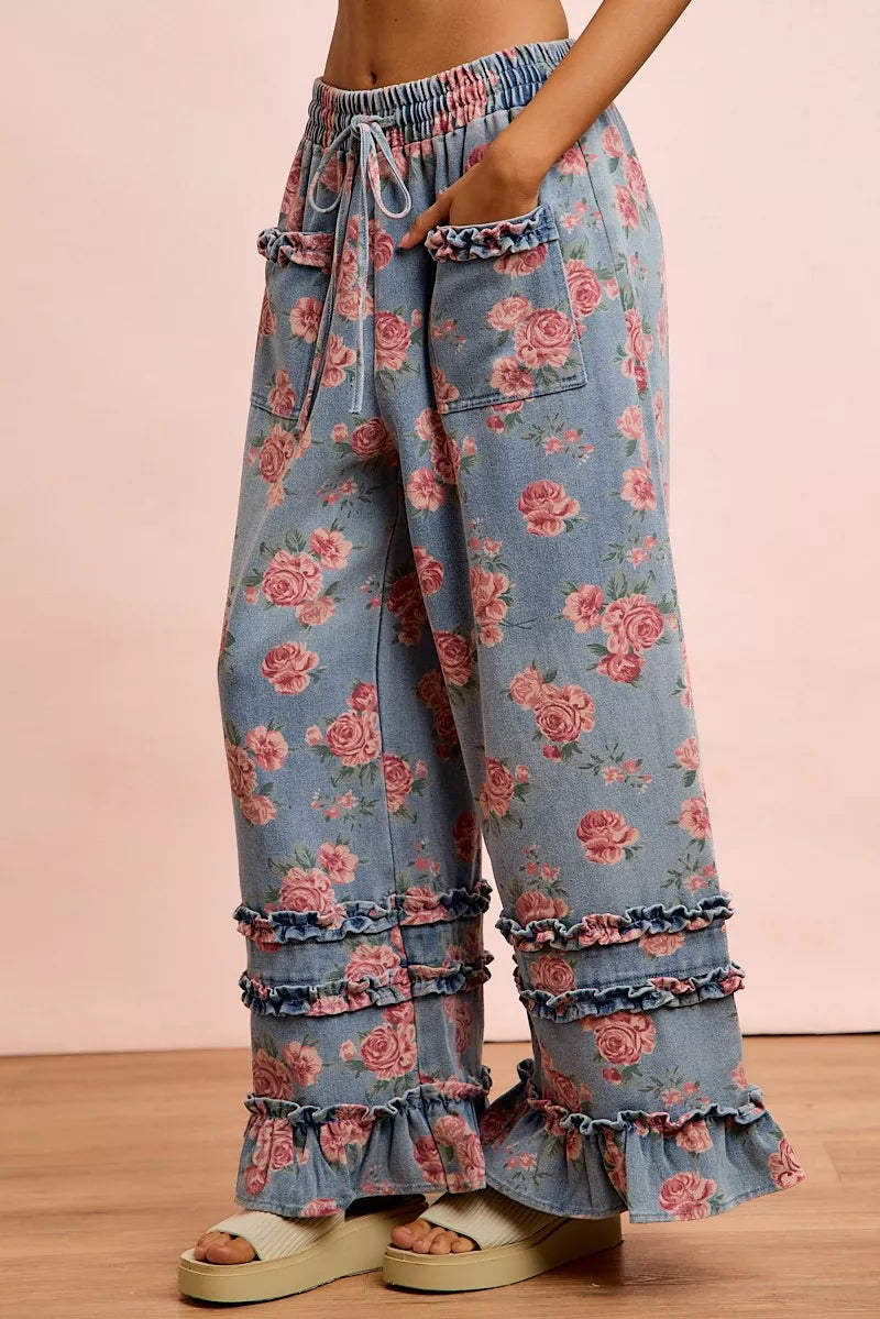 BiBi Washed Floral Denim With Ruffle Elastic Wide Pants Secondary image