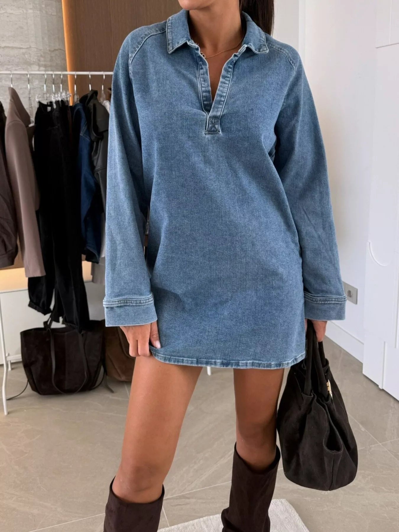 Collared Neck Long Sleeve Denim Dress Secondary image