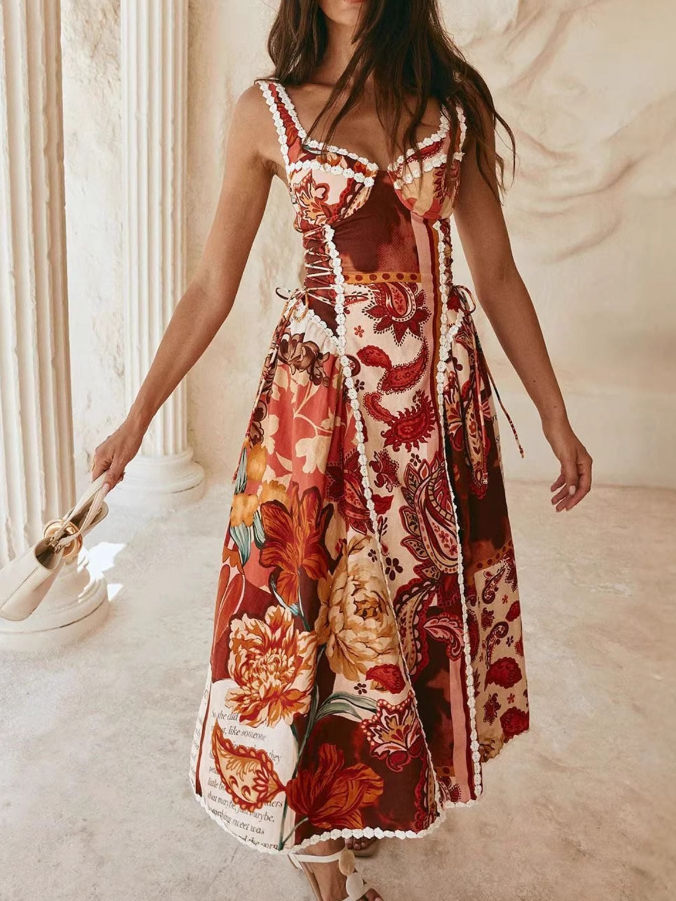 Vintage Paisley Print Lace Trim Midi Dress Secondary image