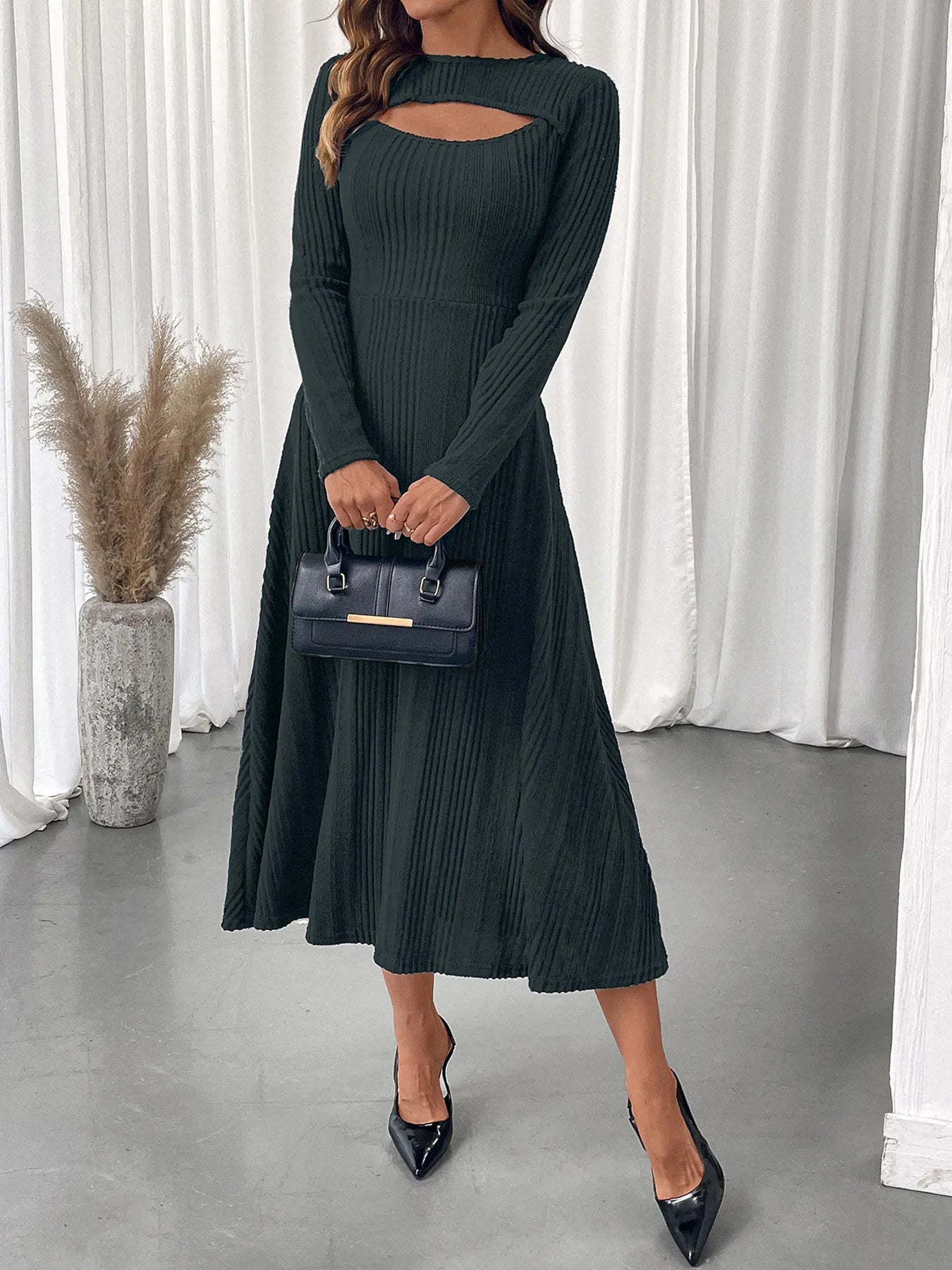 Ribbed Knit Cutout Long Sleeve Midi Dress Secondary image