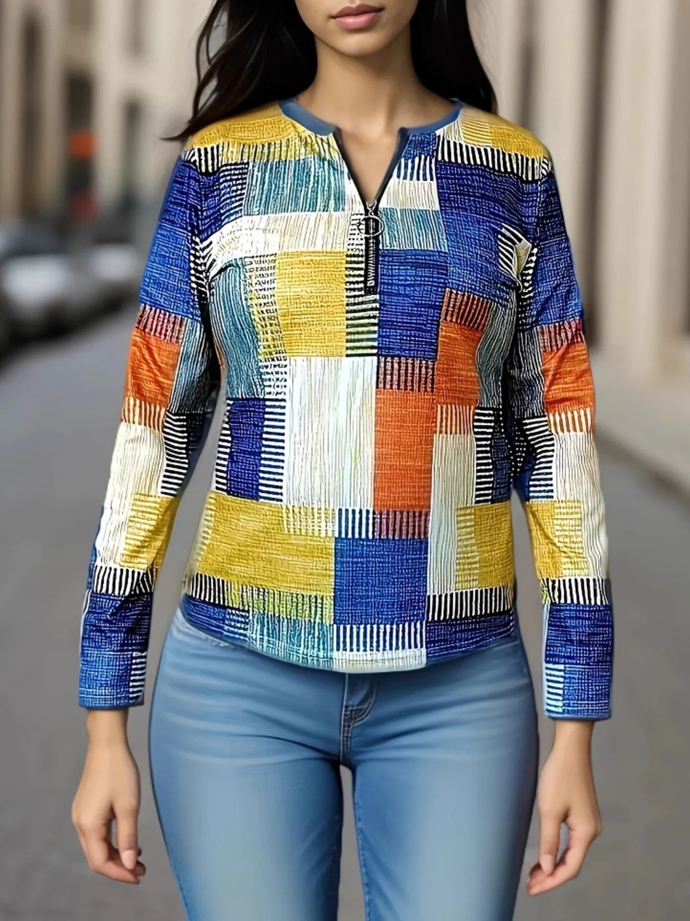 Color Block Zip Front Long Sleeve Top Secondary image