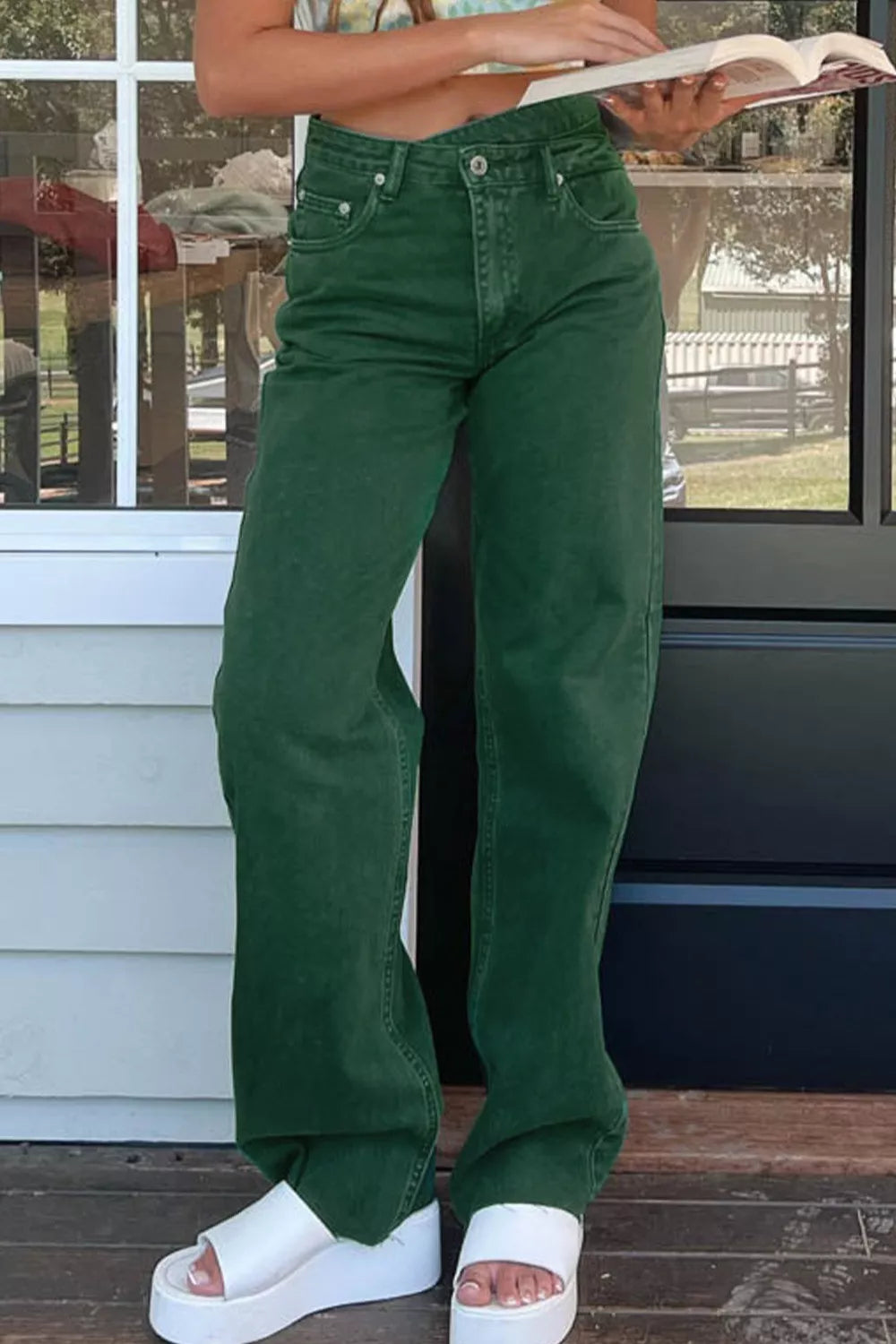Crossed Waist Raw Hem Shift Jeans Secondary image