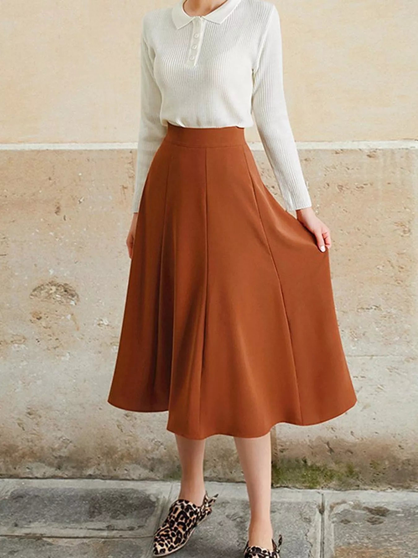 A-Line Midi Skirt with Elastic Waistband Secondary image