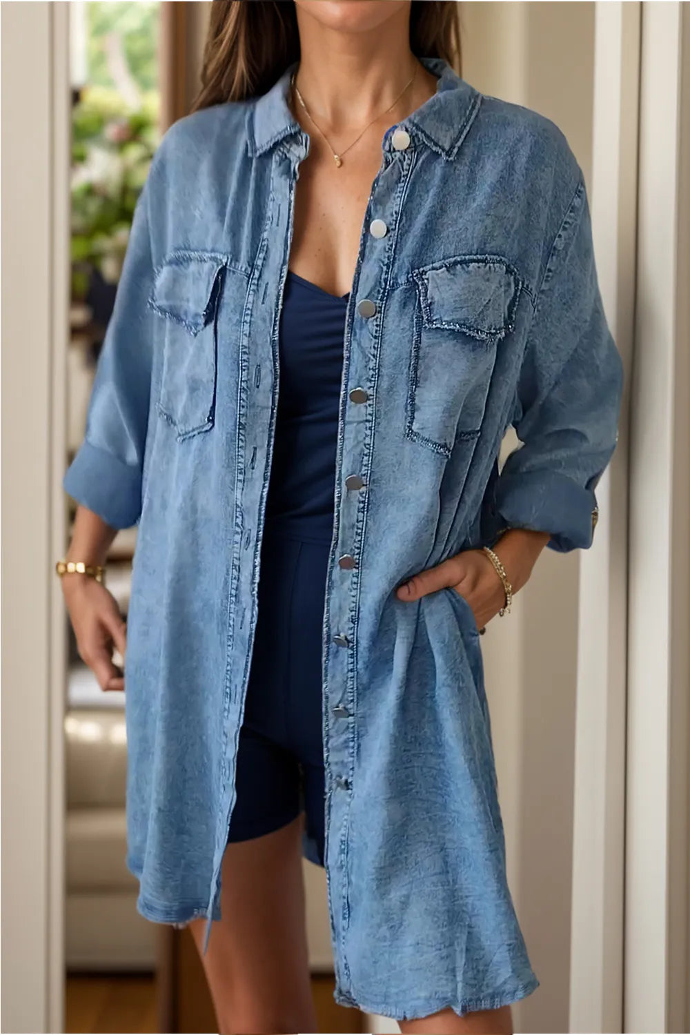 Full Size Pocketed Button Up Long Sleeve Denim Jacket Secondary image