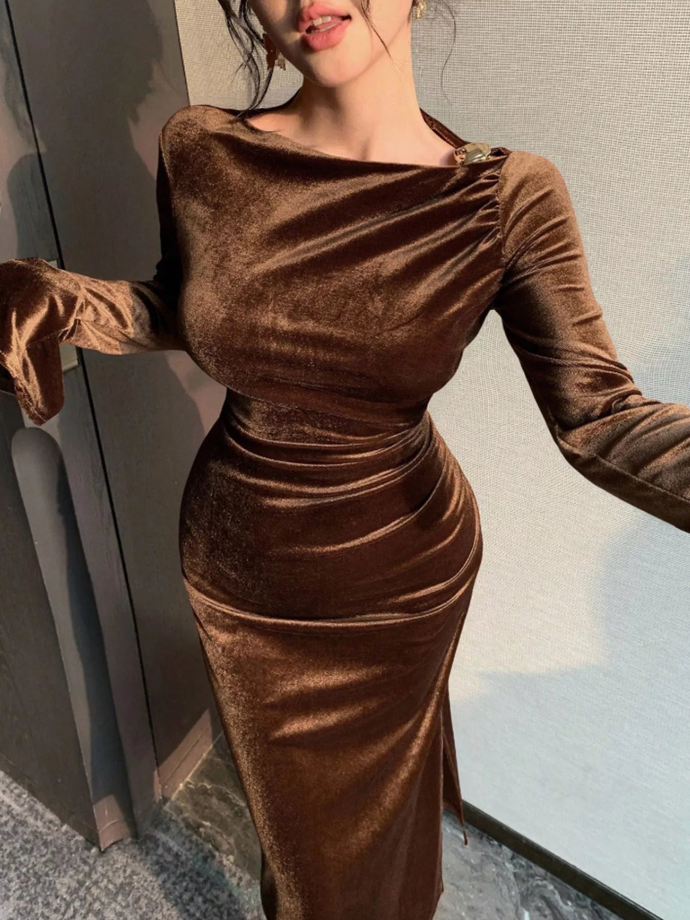 Velvet Ruched Bodycon Midi Dress Secondary image