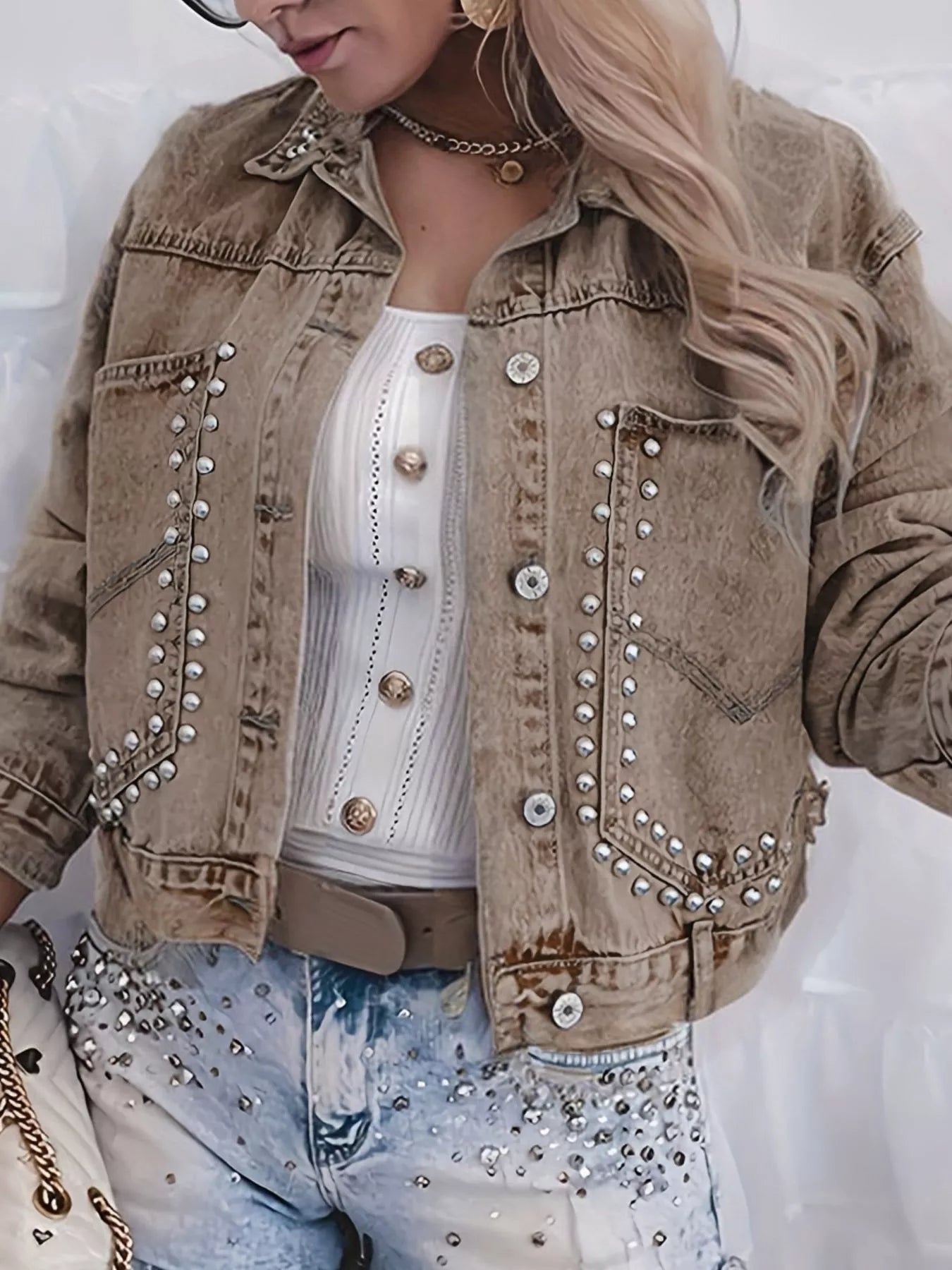 Studded Button Up Wash Denim Jacket Secondary image
