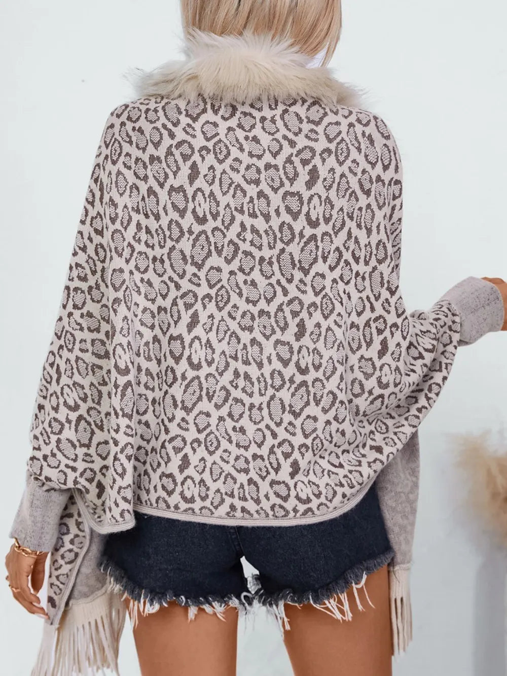 Fringe Leopard Open Front Long Sleeve Poncho Secondary image