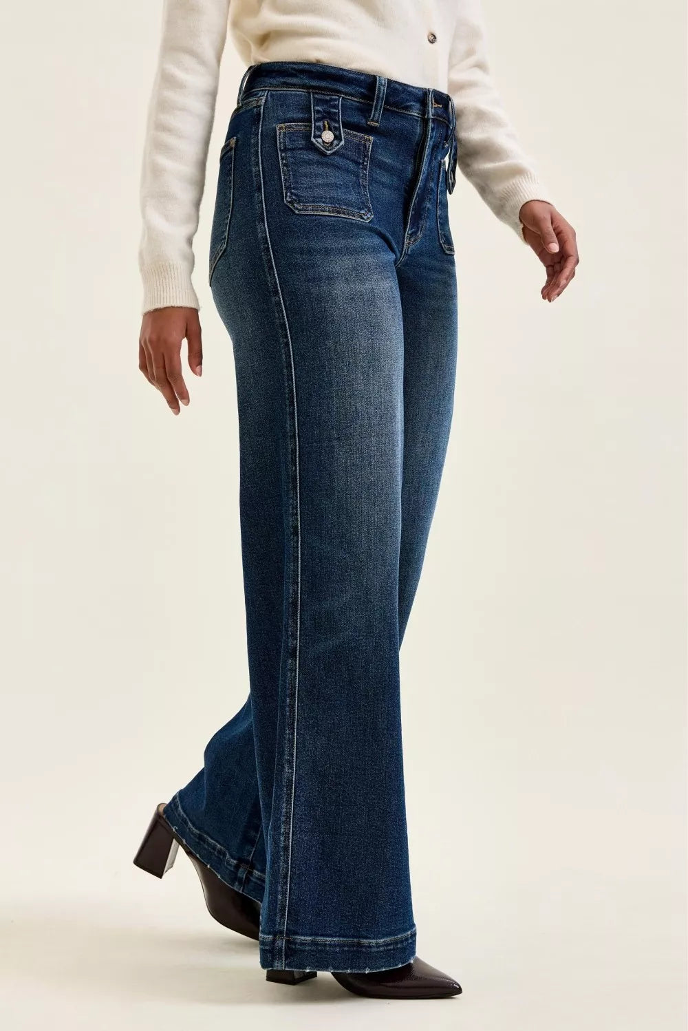 Judy Blue High Waist "lux" Retro Wide Jeans with Front Patch Tab Closure Dk Fade Indigo Secondary image