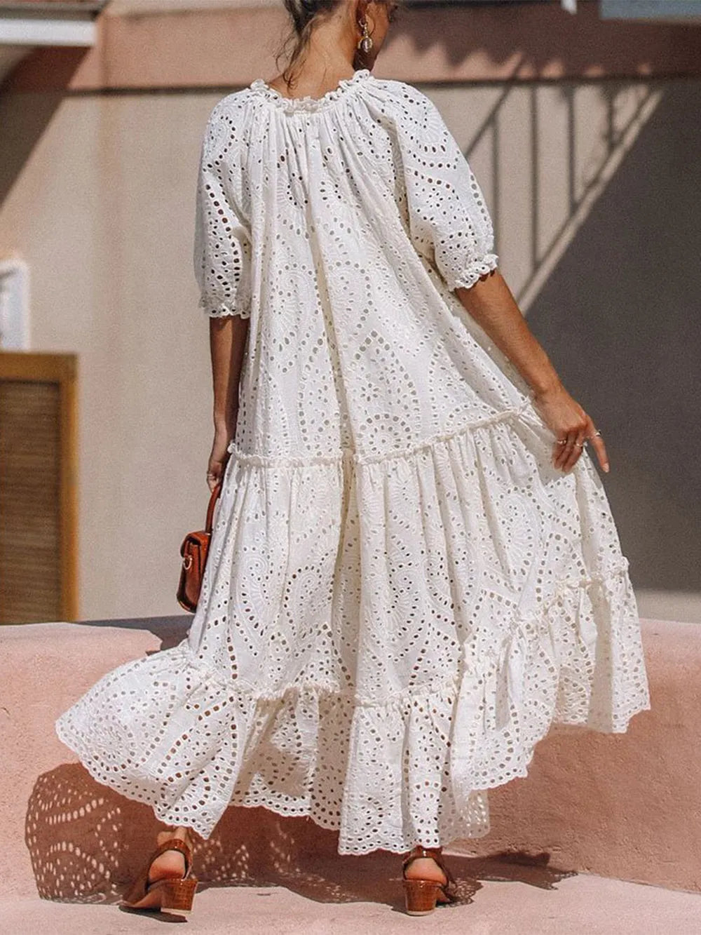 Tie Neck Half Sleeve Tiered Dress Secondary image