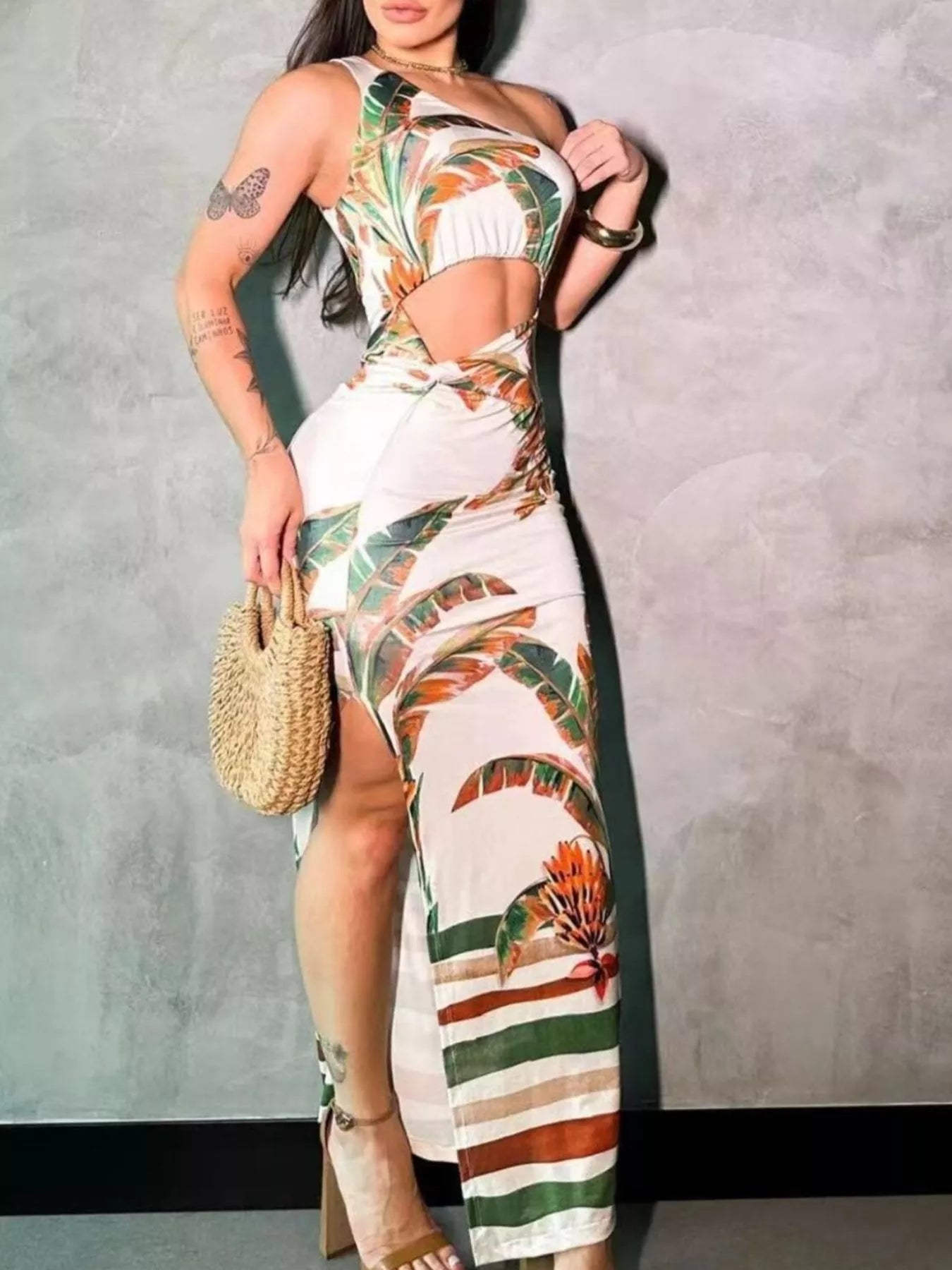Tropical Print One-Shoulder Cut-Out Maxi Dress Secondary image