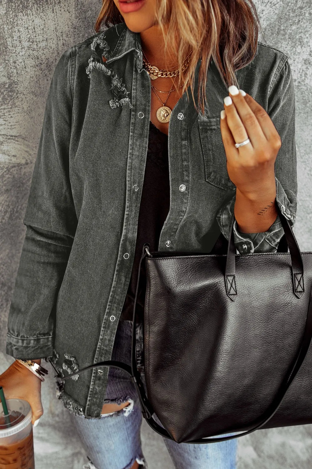 Distressed Raw Hem Snap Down Denim Jacket Secondary image