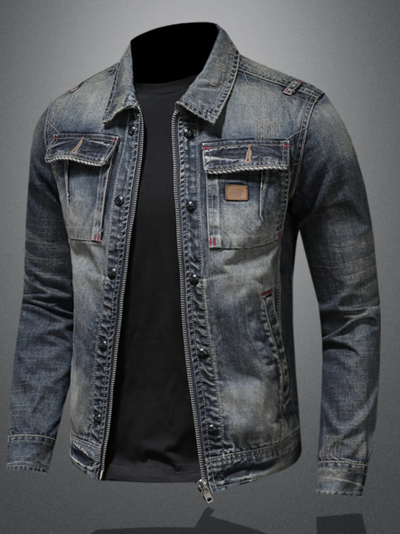 Men's Plus Size Washed Zip Up Denim Jacket with Chest Pockets Secondary image