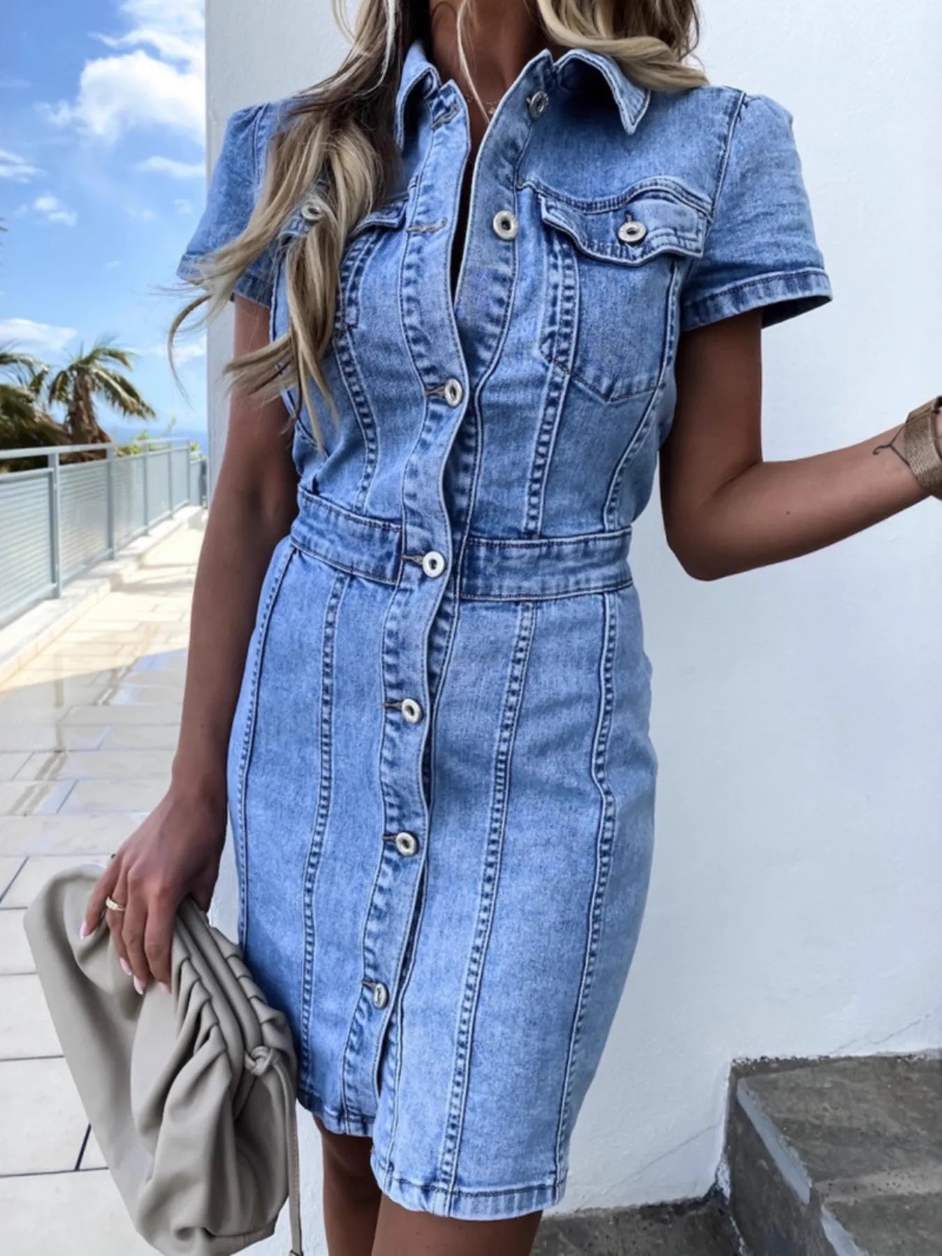 Button Front Short Sleeve Denim Dress Secondary image