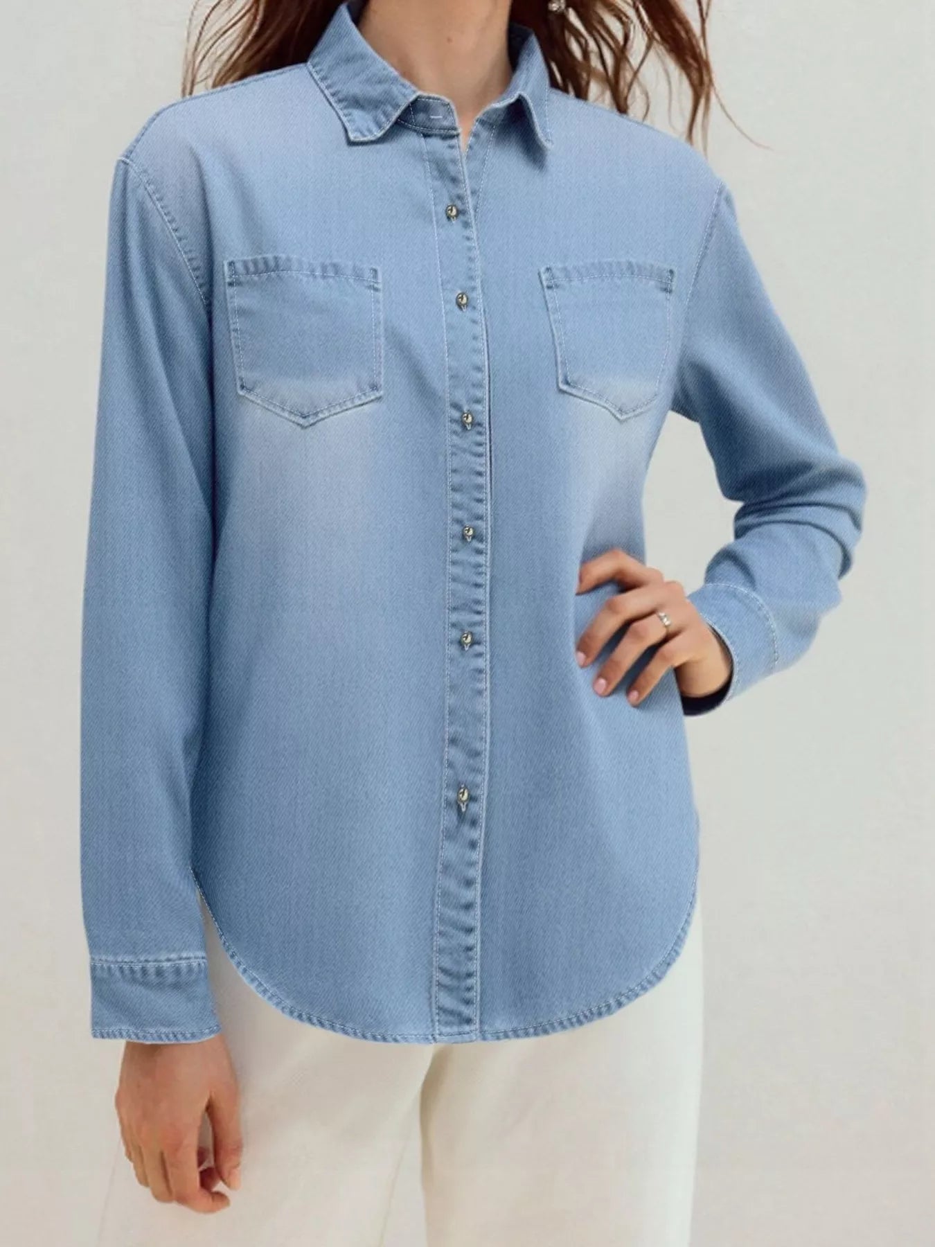 Full Size Button-Up Long Sleeve Denim Shirt Plus Size Secondary image