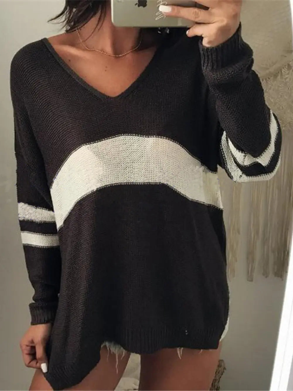 Striped V-Neck Long Sleeve Sweater Secondary image