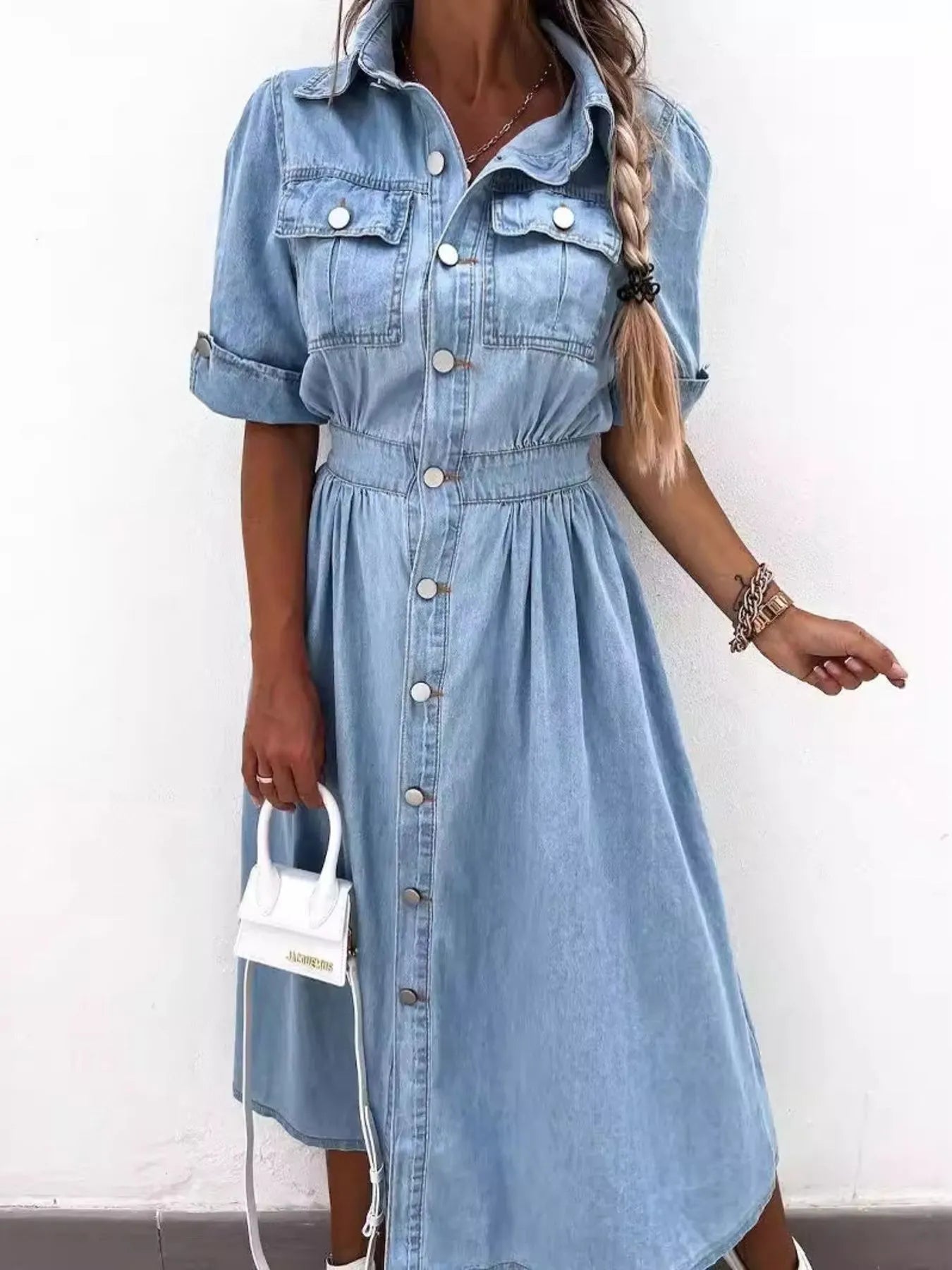 Full Size Button Down Roll-Up Sleeve Denim Shirt Dress Plus Size Secondary image
