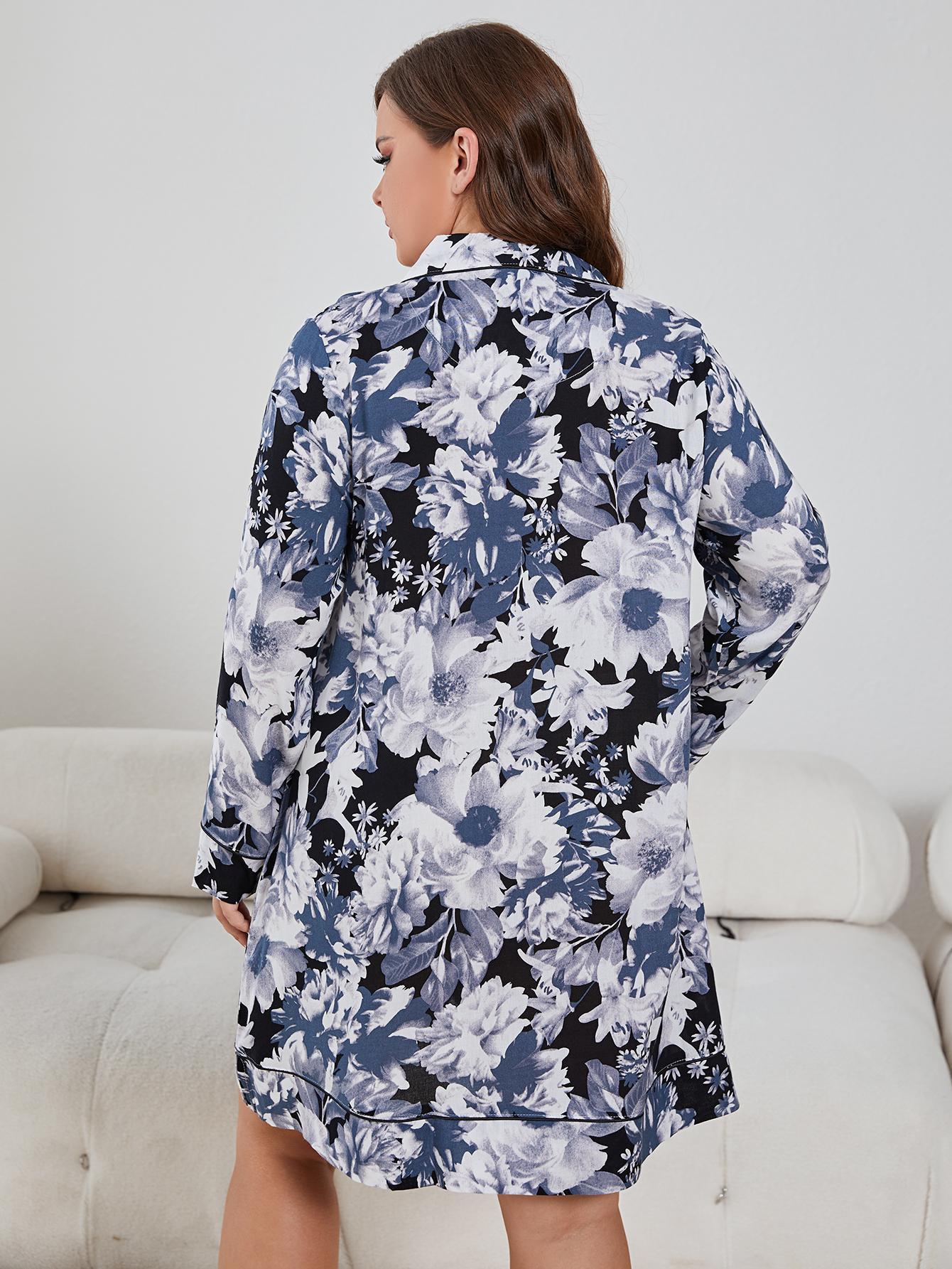 Plus Size Floral Lapel Collar Long Sleeve Night Dress Secondary image