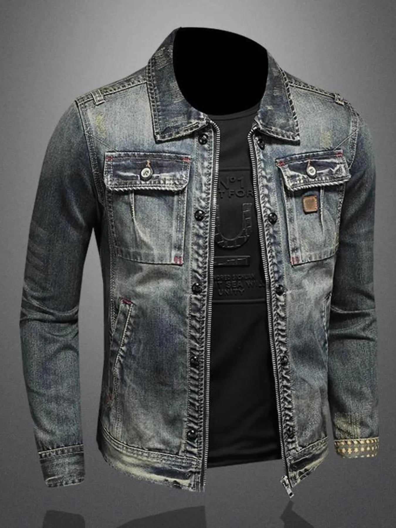 Men's Plus Size Vintage Washed Zip Up Denim Jacket Secondary image