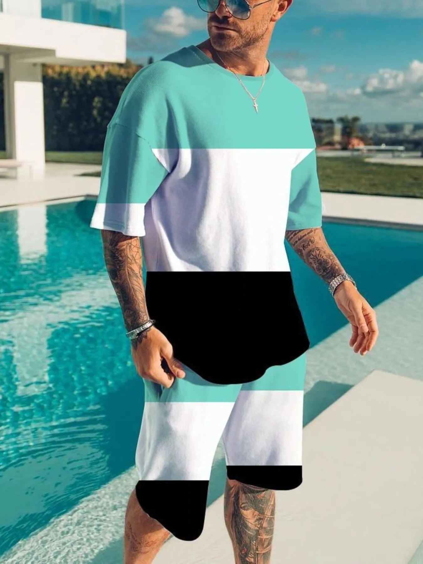 Men's Full Size Color Block Tee and Shorts Set Plus Size Secondary image