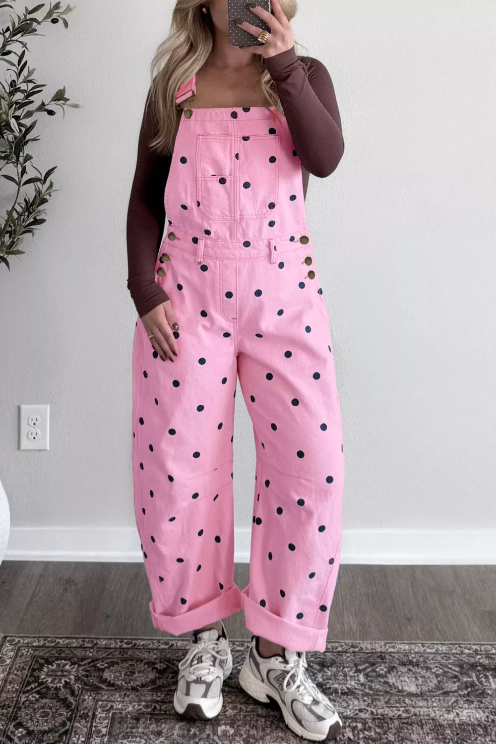 Polka Dot Print Bib Pocket Denim Barrel Overalls Secondary image