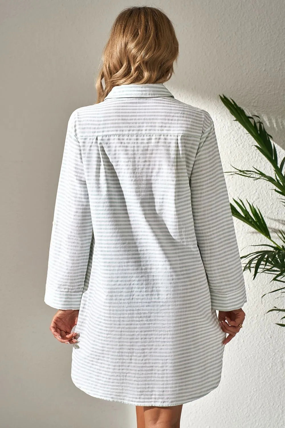 Striped Johnny Collar Long Sleeve Mini Shirt Dress Secondary image