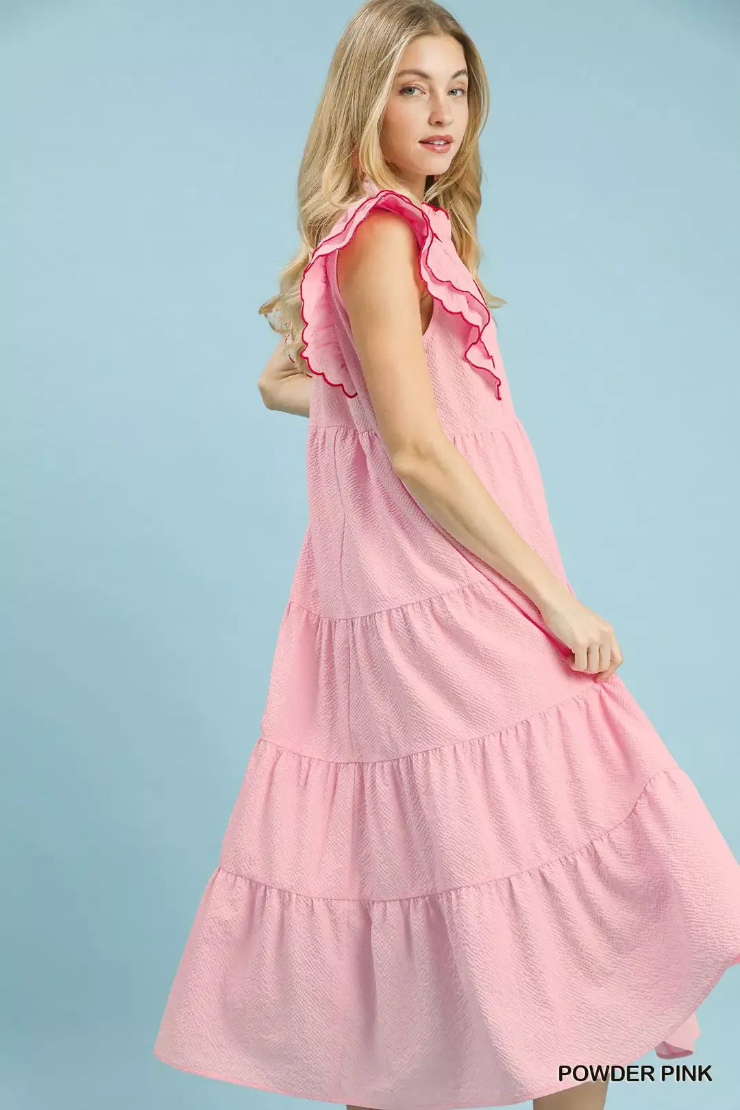 Umgee Seersucker Ruffle Sleeve Tiered Midi Dress Secondary image