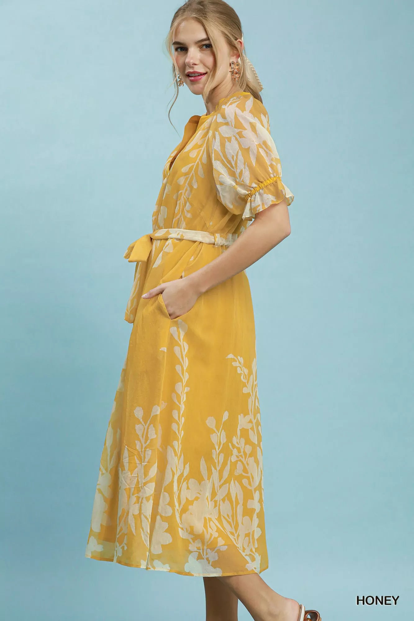 Umgee Floral Print Tie Waist Midi Dress with Side Pockets Secondary image