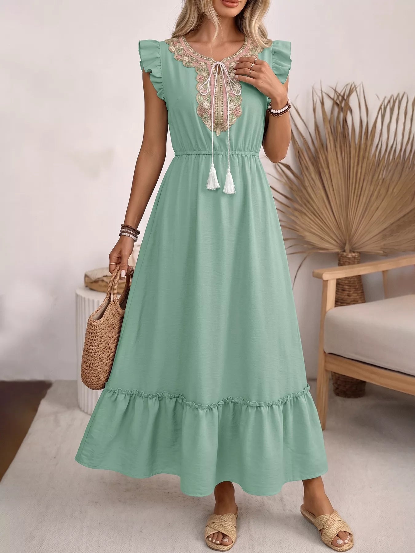 Tie Neck Ruffle Sleeve Maxi Dress Secondary image