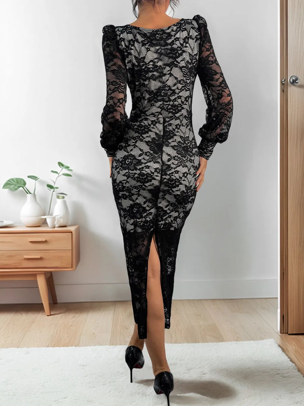 Perfee Lace Sweetheart Neck Long Sleeve Midi Dress Secondary image