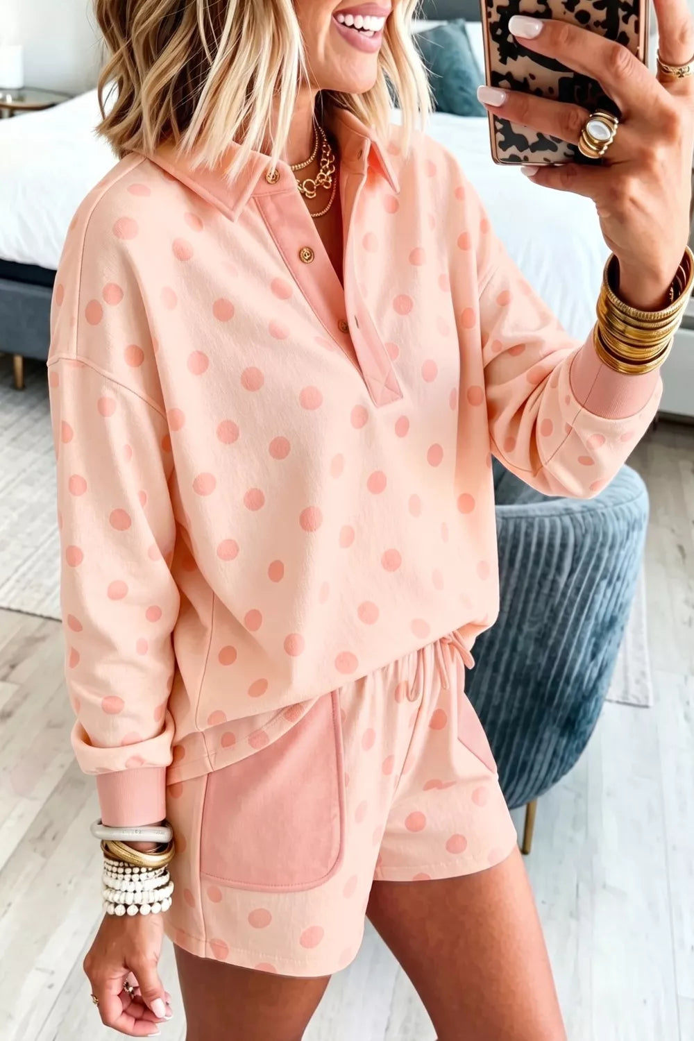 Polka Dot Drop Shoulder Polo Loose Pullover Patch Pocket Casual Shorts Set Secondary image