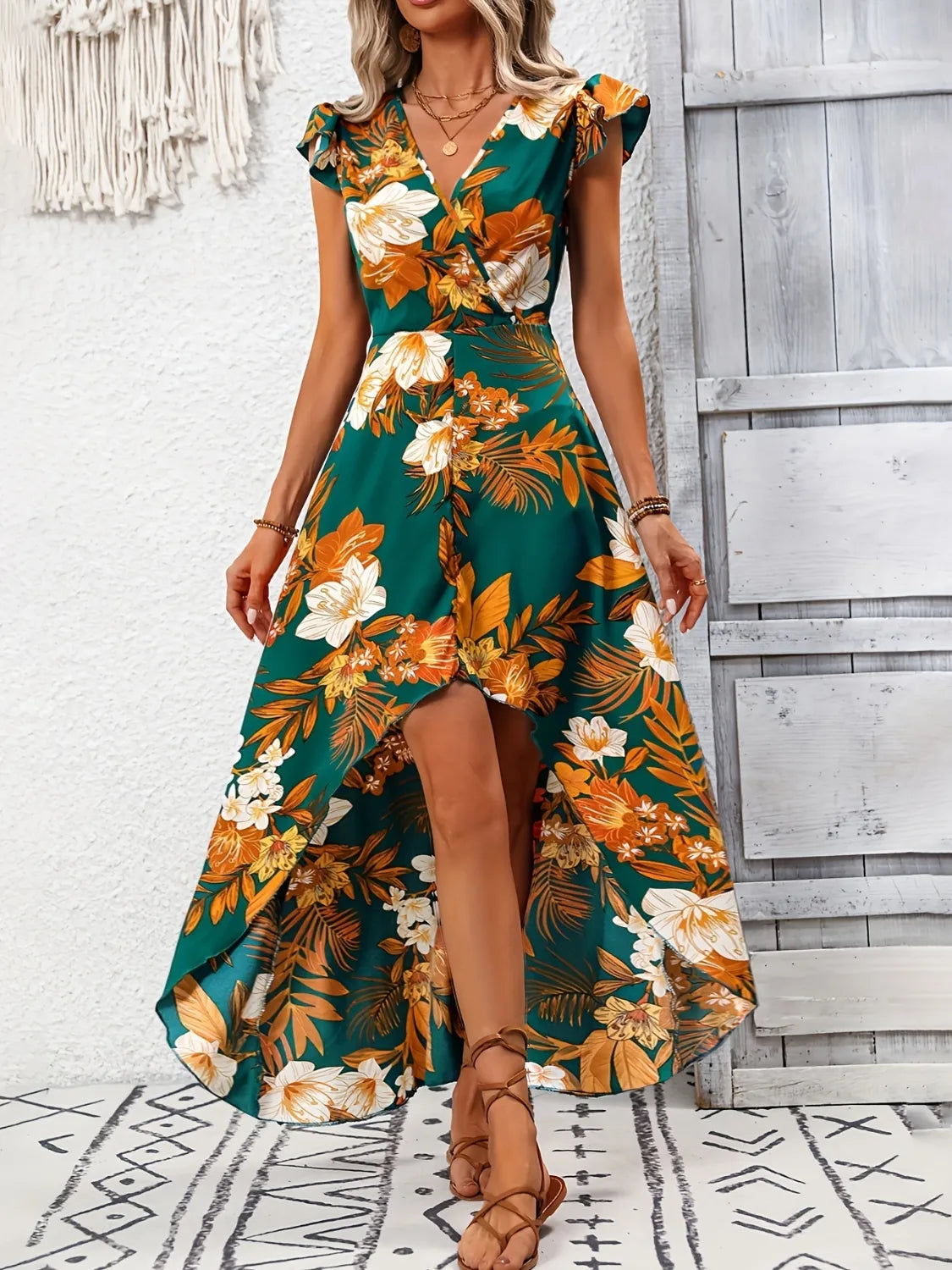 High-Low Printed Cap Sleeve Maxi Dress Secondary image