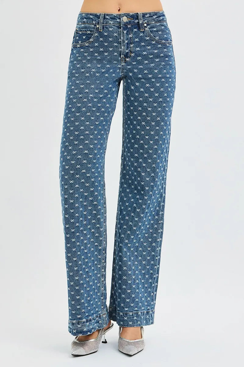 RISEN High Rise Wide Leg Bow Embroidered Jeans Secondary image