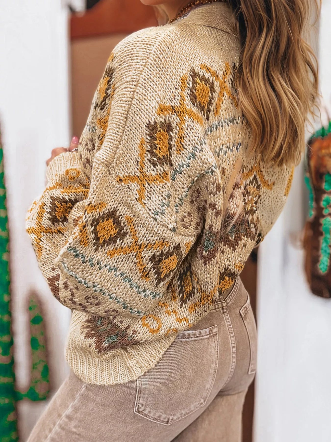 Western Pattern Knitted Button V Neck Cardigan Sweater Secondary image