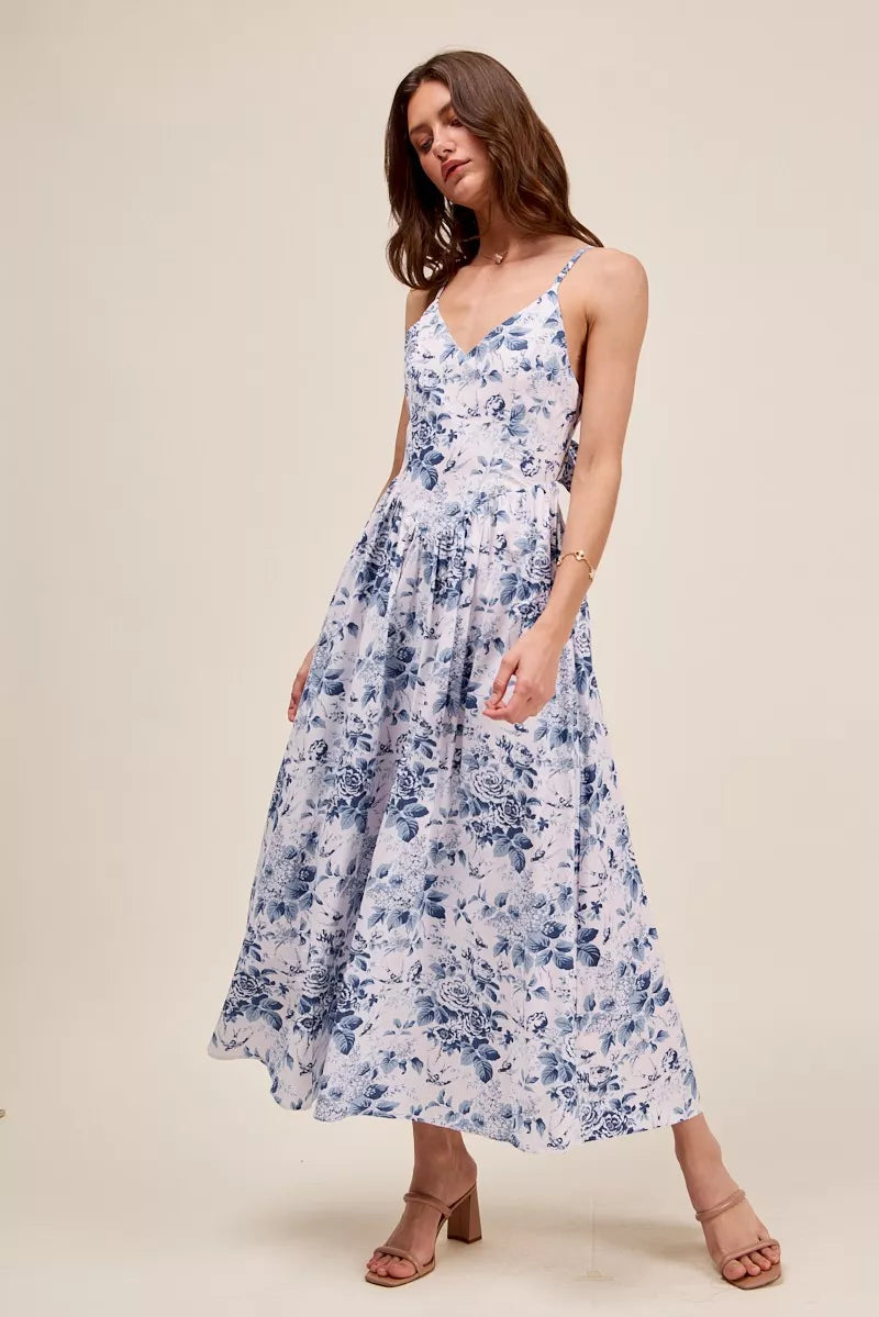 SO ME Floral Woven V Neck Dress With Back Ribbon Tie Secondary image