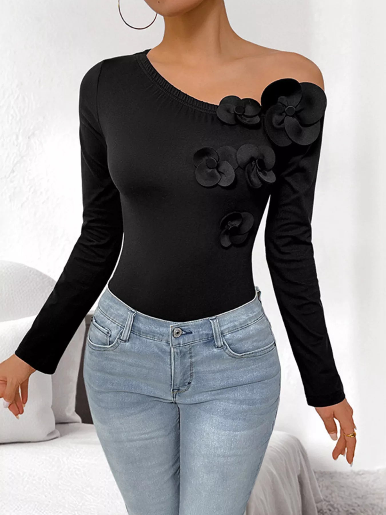 Flower One Shoulder Long Sleeve Bodysuit Secondary image