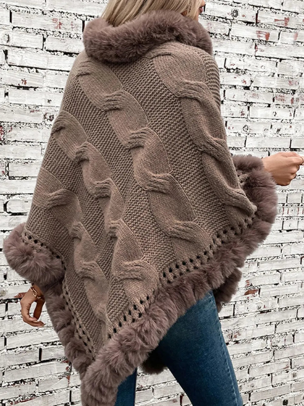 Fuzzy Hem Cable-Knit Poncho Secondary image